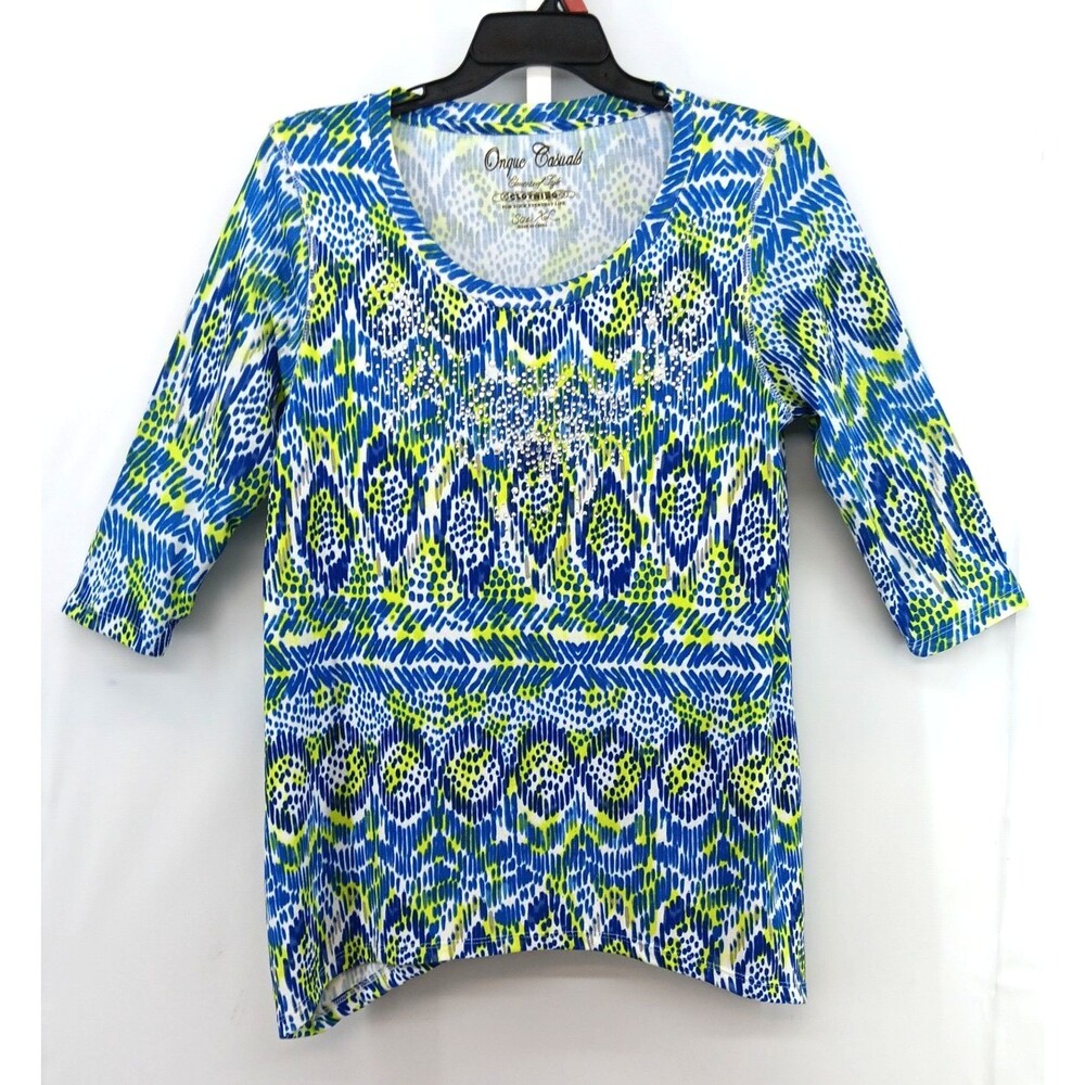 Onque Casuals Shirt Women Size XL Multicolor Beaded 3/4 Sleeve Round Neck Top